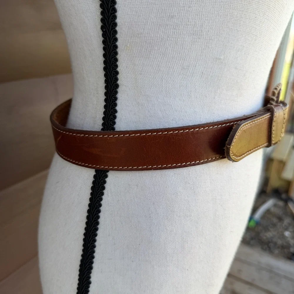Vintage Genuine Leather Belt Womens Small Brown Whipstitch Buckle Made in‎ USA